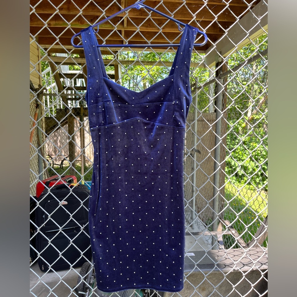 Blue Velvety Dress With Silver Dots